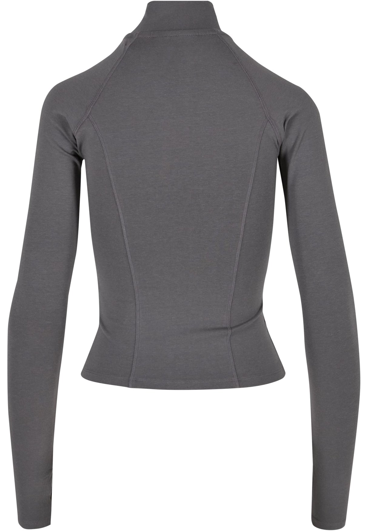 Baksidan av en grå, långärmad träningsjacka.