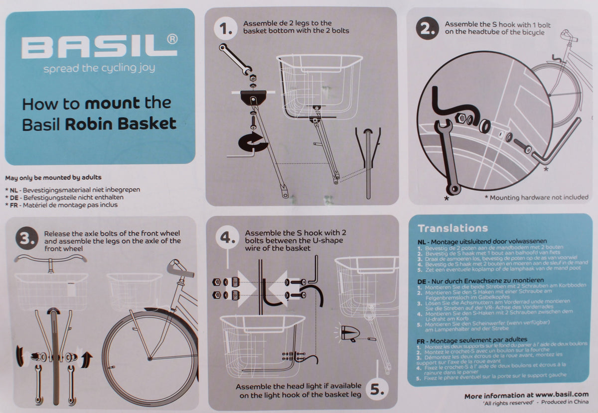 Cykelkorg fram BASIL ROBIN, med stöd för framhjulet, metall, silver