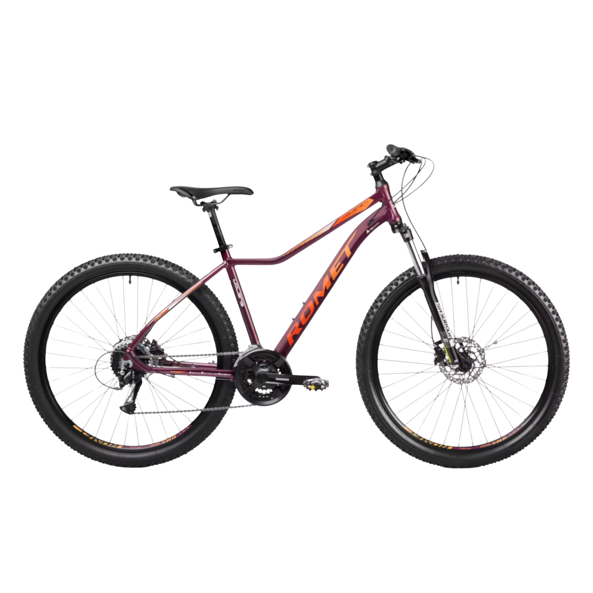 Mörkröd och orange ROMET Jolene 7.2 damcykel 27,5 tum i sidovy