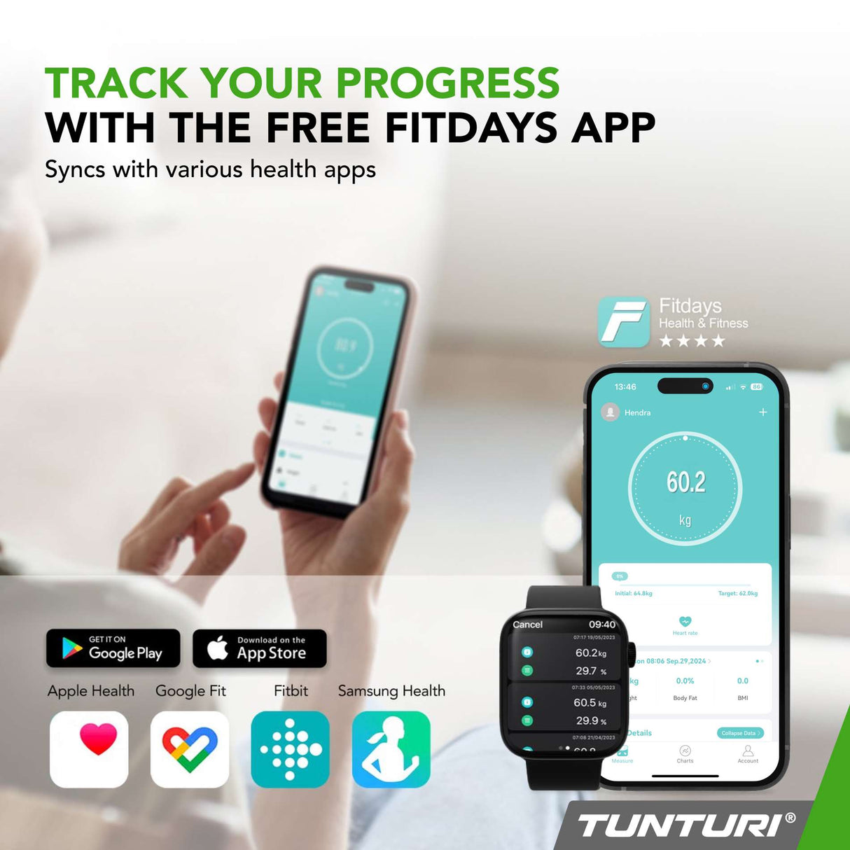 Våg TUNTURI SC30 Smart Scale med app, vit