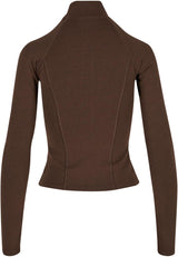 Baksidan av en brun, figursydd DEF GYM Track Jacket med hög krage.