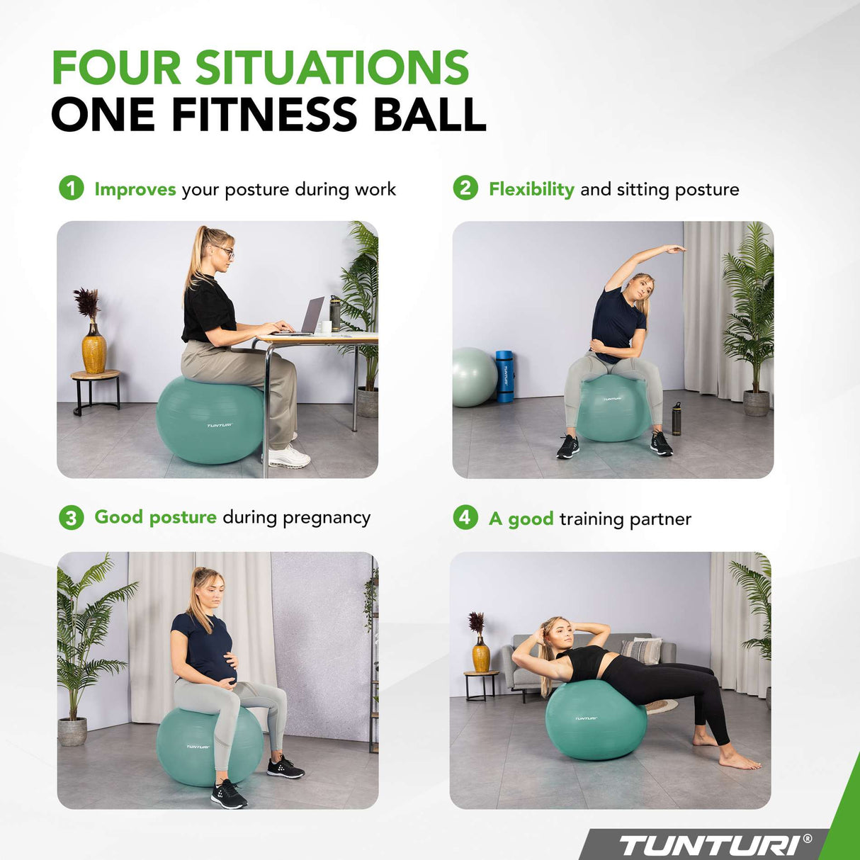 Träningsboll TUNTURI Gymball 55cm, Anti-Burst, Petrol