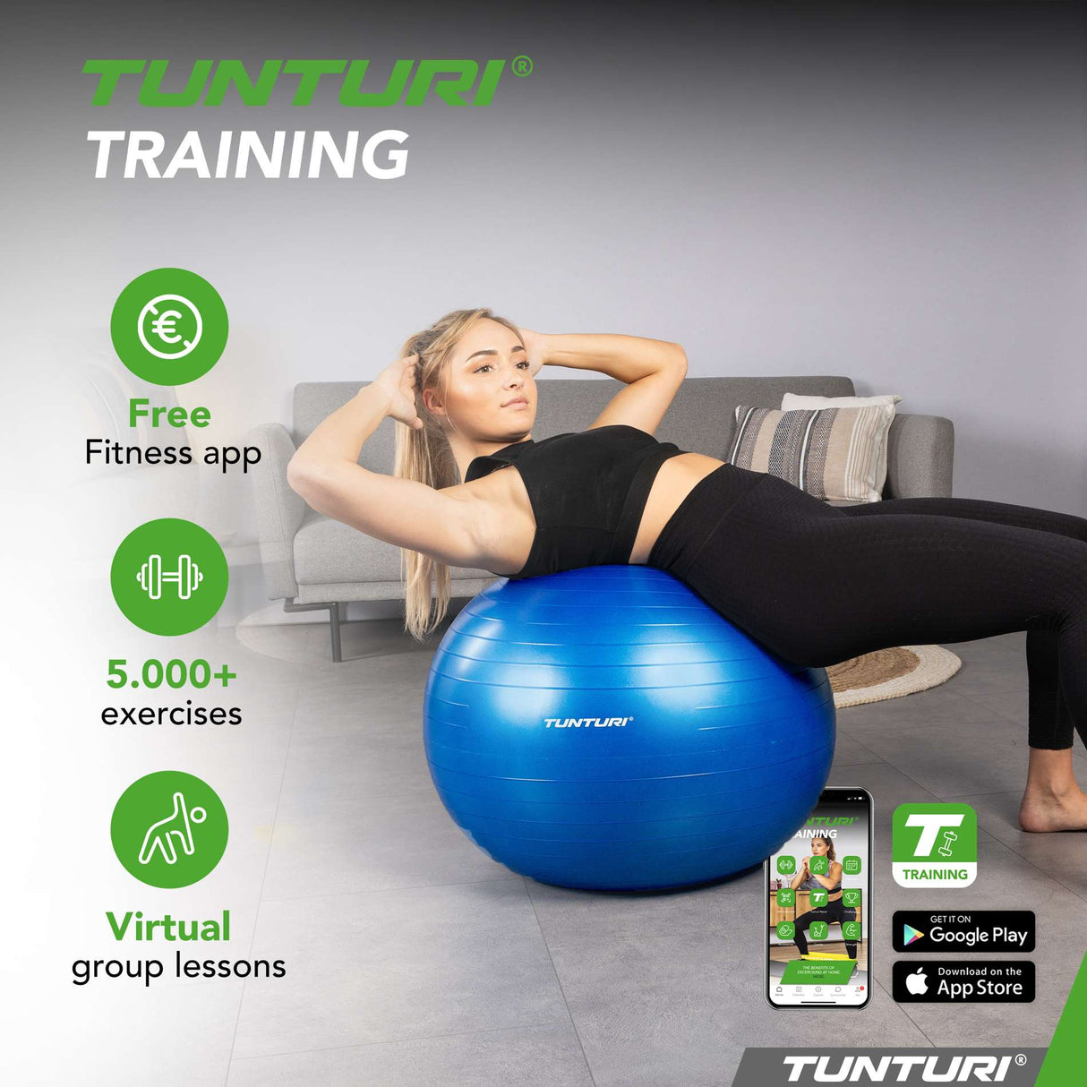 Gymnastikboll TUNTURI Gymball 65cm, Anti-Burst, Blå